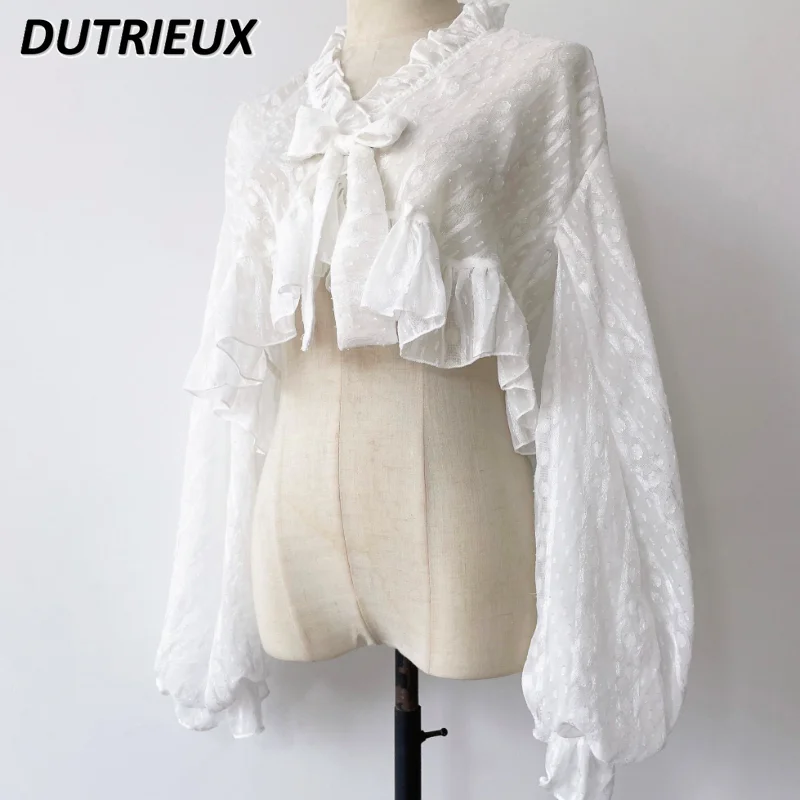 Lolita Lantern Sleeve Short Blouce Tops Inner Bow Lace-up Long Sleeve Cardigan Chiffon Shirts Women Sun Protection Shirt Girls