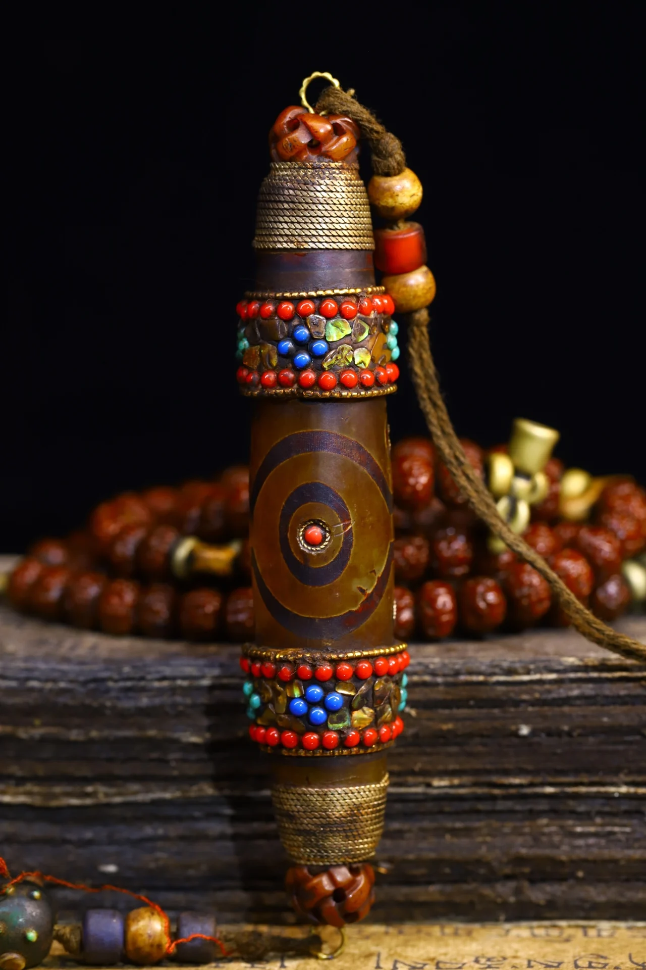 

5"Tibetan Temple Collection Old Natural Agate Mosaic Gem gZi Beads Nine Eyed Buddha Beads Pendant Amulet Dharma Town house