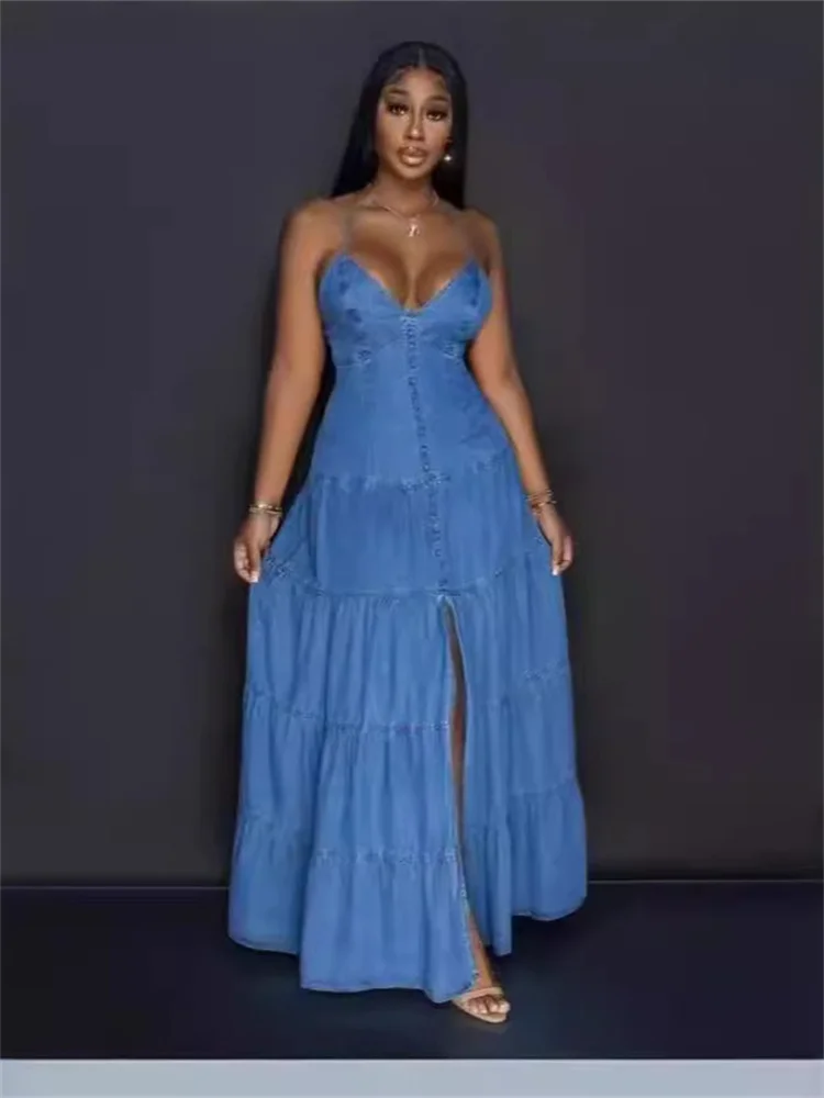 Wmstar Denim Dresses for Women 2025  Elegant New Sweet Sexy Deep V Neck Halter Bandage Belt Long Dress Wholesale Dropshipping