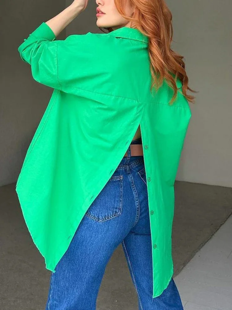

Women's Shirt Back Slit Solid Color Chic Button Up Loose Oversized Blouses Vintage Green Office Outfits Women Blouse Tops 2023
