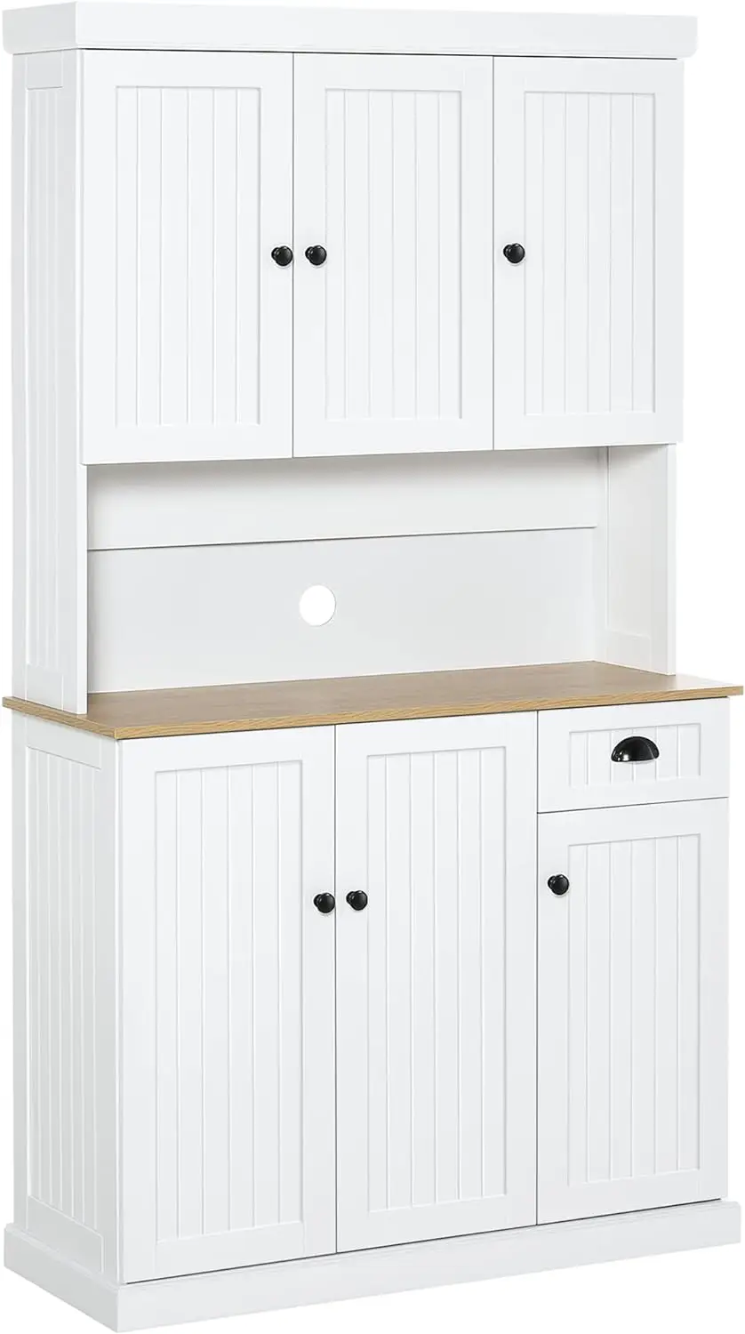 

Buffet with Hutch, Modern Farmhouse Kitchen Pantry Storage Cabinet with Microwave Oven Countertop, Drawer, and Cupboard
