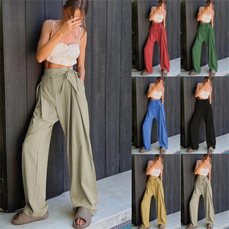 

Womens High Waist Palazzo Pants Belted Wide Leg Long Trousers Linen Pants