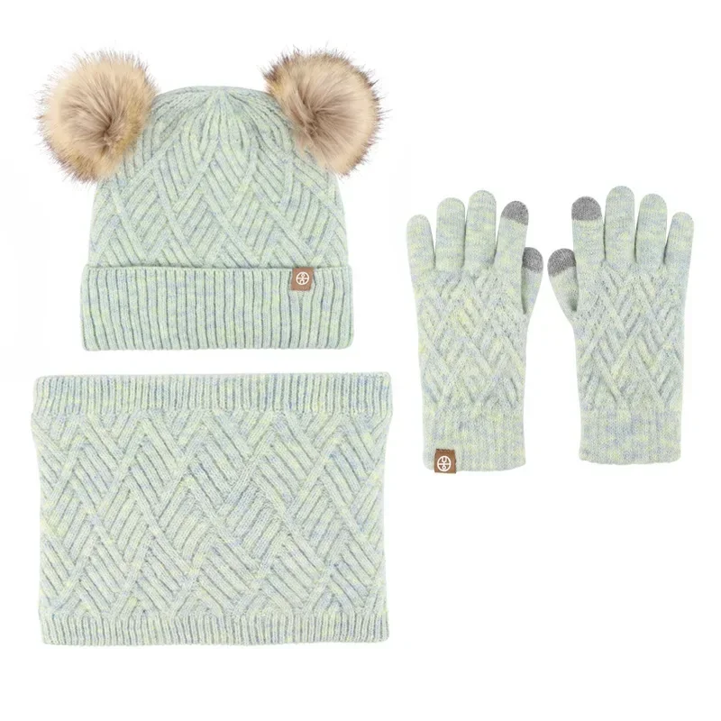Set 3pcs Children Winter Beanies Scarf Gloves Cute Fur Pompoms Fleece Lining Boys Girls Kids Winter Warm Set Junior 5-12Years