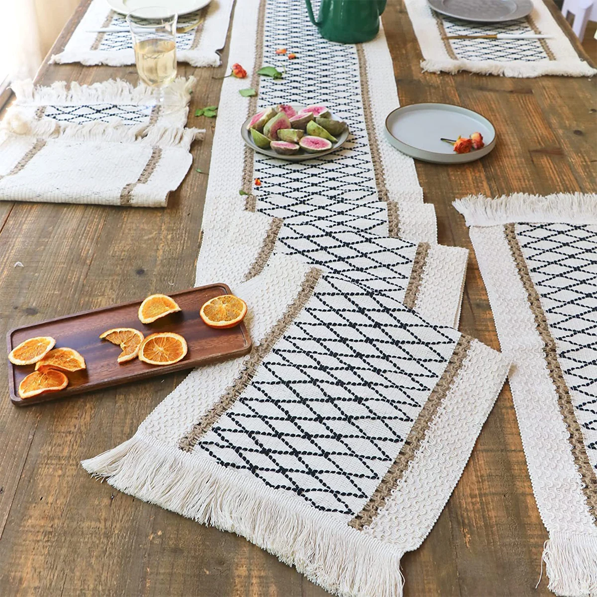 Chemin de table macramé, bohème, coton/lin, chemin de table avec