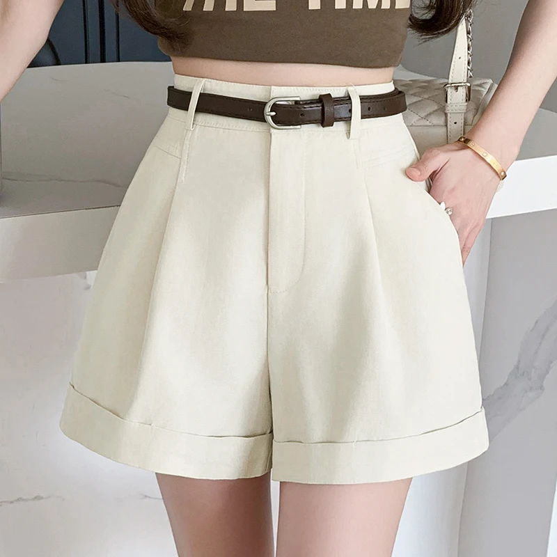 

QOERLIN Girls Rolled Shorts High Waist Wide Leg Summer Shorts Women Casual A-Line Shorts Korean Fashion Black Apricot Khaki S-XL