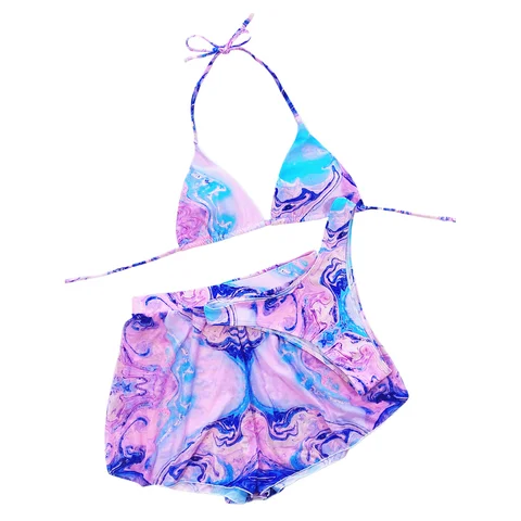 Tie-Dye Bikinis Set Halter Neck Padded Bra + Briefs + Bottom Shorts Bikini Set for Ladies 3Pcs Women Summer Swimsuit