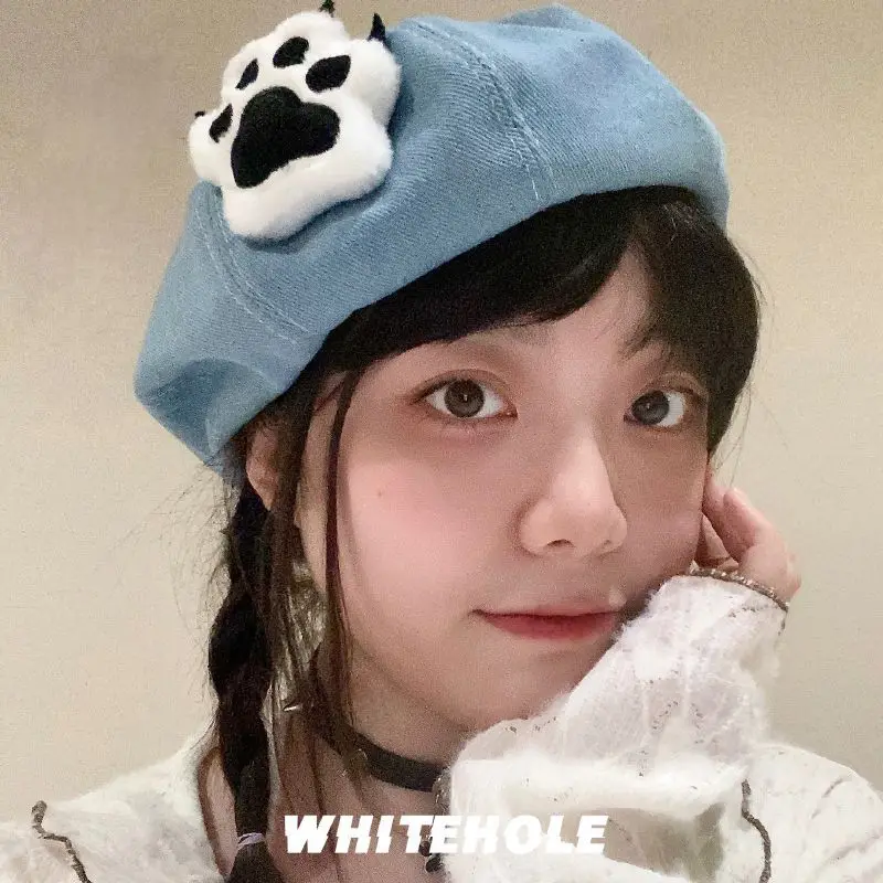 Cute Puppy Paw Beret Women y2k Sweet Cool Hottie Cowboy Big Head Hat
