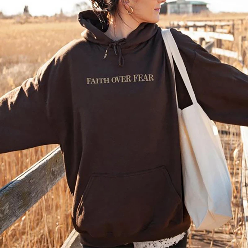 

2023 New Men&women Hooded Loose Long-sleeved Faith Over Fear Printed Sweatshirt Hoodies Tops With Pockets