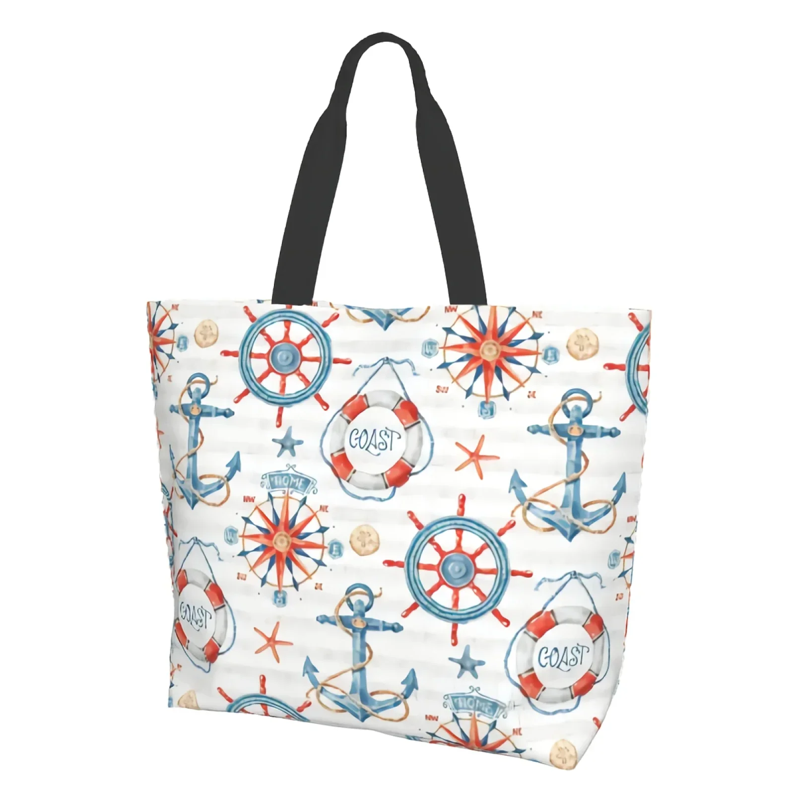 

Винтажная холщовая женская сумка-тоут с синим морским якорем, дорожной картой, кольцом и компасом, сумка для выходных, кухни и продуктов