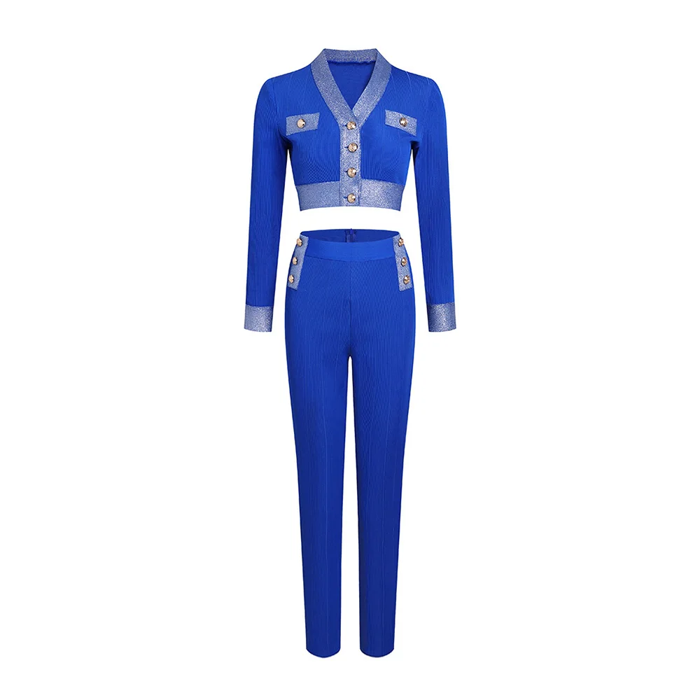 

Wome Elegant Two Pieces Sets Bodycon Clothing Sexy Buttons Tops Long Pants 2 Piece Sets