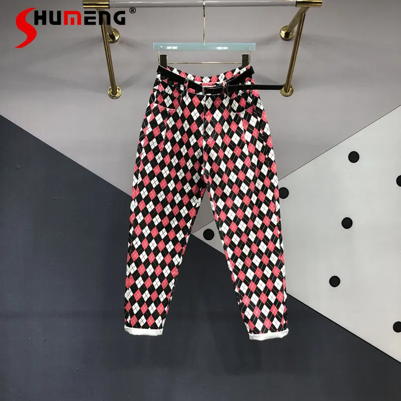 

Diamond Plaid Printing Dyeing Denim Trousers for Women 2023 Spring New Versatile High Waist Jeans Slimming Tappered Harem Pants