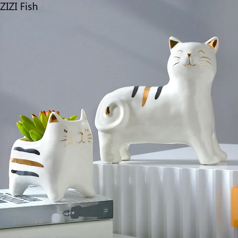 Cute Ceramic Cat Flower Vase Ceramic Handicraft Ornaments Animal Sculpture Cartoon Cat Flower Arrangement Accessories Vases 4