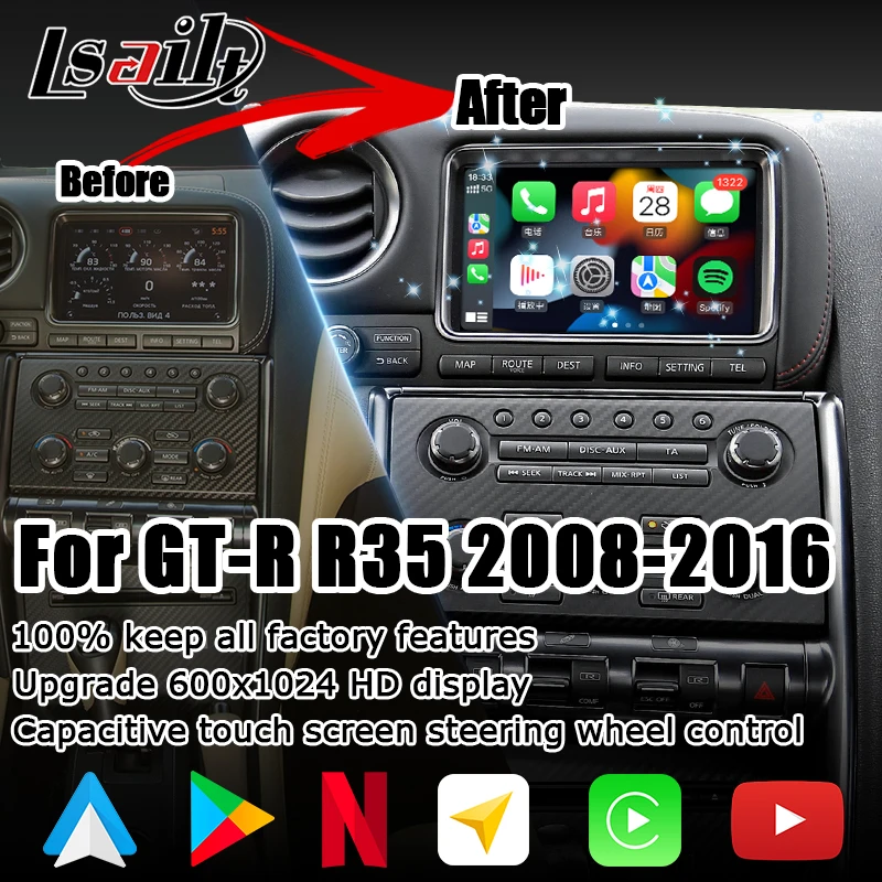 

Android wireless CP AA HD screen upgrade for Nissan GT-R GTR R35 2008-2016 JDM CBA DBA video bypass IT08 08IT Lsailt