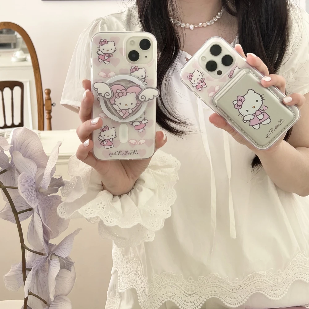 Mignon Sanrio Hello Kitty ange coque de téléphone pour iPhone Pro Max support de poignée magnétique Magsafe couverture de Charge sans fil