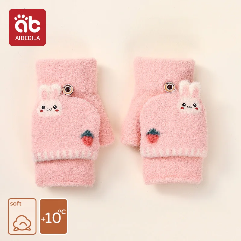 AIBEDILA Children Five Finger Gloves Winter Boy Thickened Half Finger Mittens Girl Kids Knitted Mitten Cartoon Warm Flip Gloves