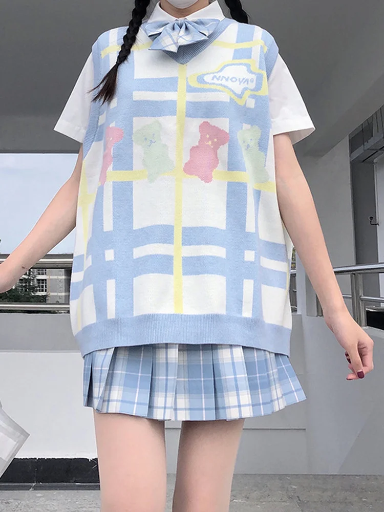 

QWEEK Kawaii Knitted Bear Print Sweaters Women Preppy Style Sweet School Knit Sleevless Tank Sweater JK Uniform 2022 Autumn
