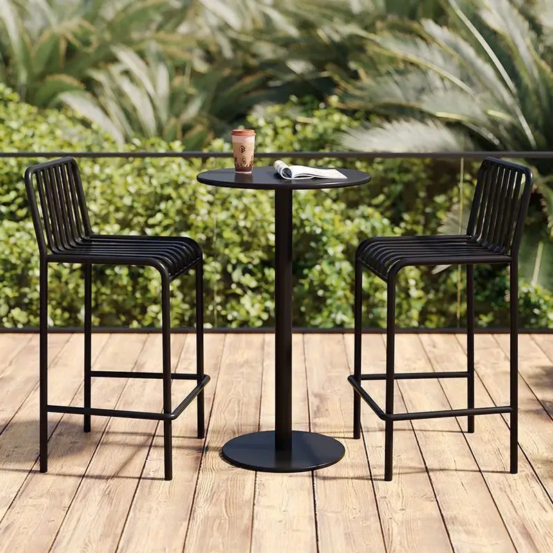 Modern Outdoor Creative High-Leg Sturdy Bar Table and Chair Set Iron Milk Tea Shop Cafe Balcony Villa Courtyard Patio Leisure