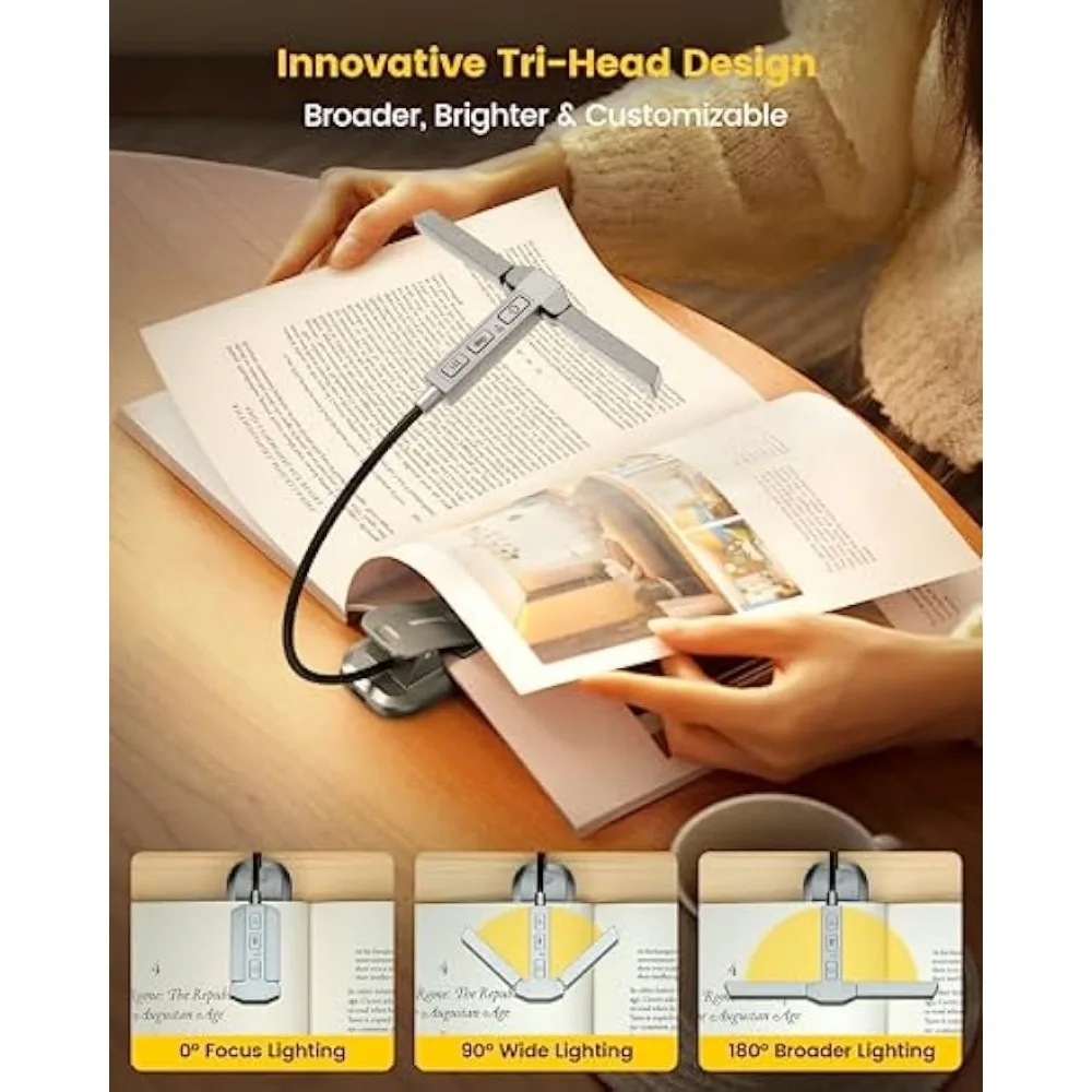 트라이 헤드 LED 책 조명, 1000mAh USB 충전식 독서 조명, 조도 조절 책 야간 조명, 미니 클립 북 램프, 공부 독서 램프