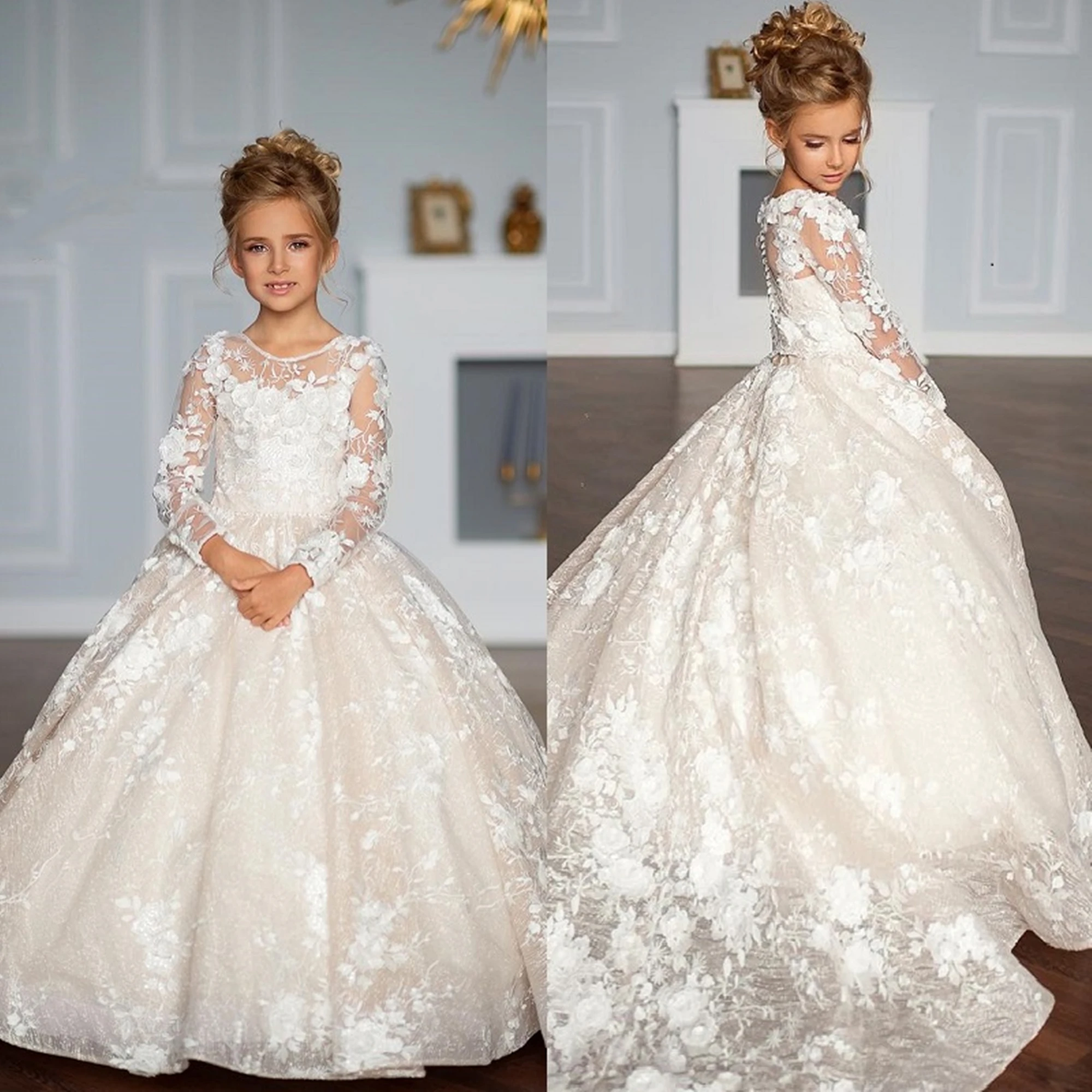 

Flower Girl Dress Bows Children's First holy Communion Dress Princess Formal Tulle Ball Gown Wedding Party