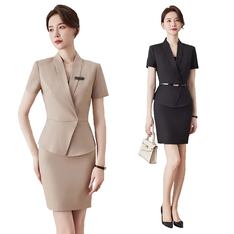 

Newest Summer Formal Women Business Suits 2 Piece Set with Skirt and Tops Women OL Styles Blazers Office Career with Corsage