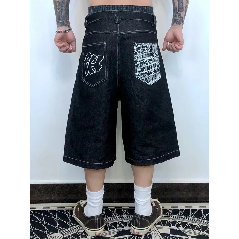 Men and Women's Y2K Embroidered Denim Shorts, Summer Sports American Retro Loose Wide Leg Skateboarding Hip Hop Cropped Pants
