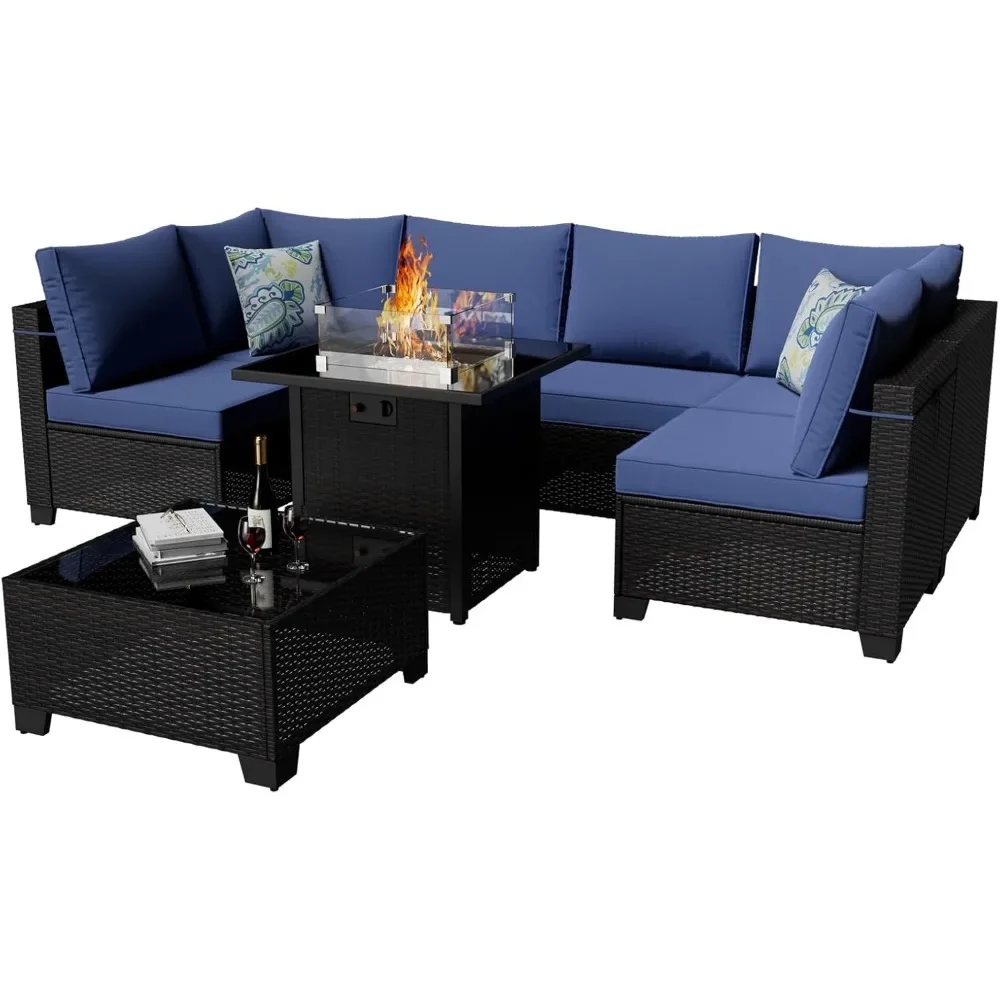 8 Pieces Outdoor Sectional Furniture, Rattan Wicker Patio Sofa Couch with 28in Gas Fire Pit Table,Conversation Sets for Backyard