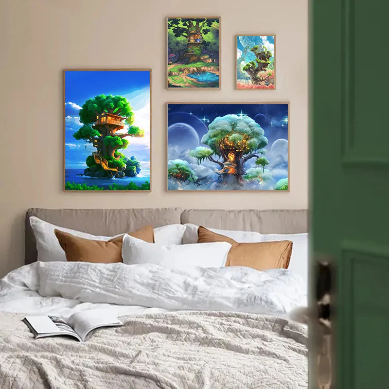 Anime Tree House Painting Canvas Poster Healing Life Wall Art Picture For Living Room Camera Da Letto Stanza Dei Giochi Modern Home Decor Gift