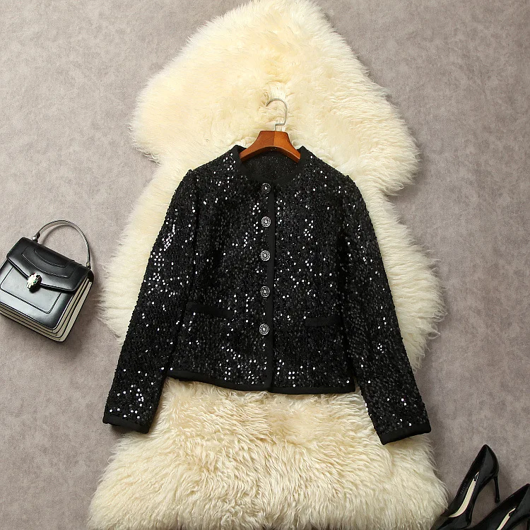 

European and American women's clothing 2023 autumn new Long sleeve crew neck single breasted heavy sequins fashion tweed jacket