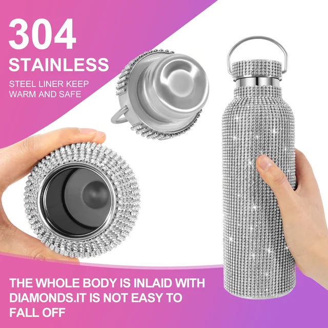 500ml/750ml Luxurious Diamond Thermos Bottle with Chain Flask Vacuum Cup Stainless Steel Water Kettle Girls Women Gift Bottle 3