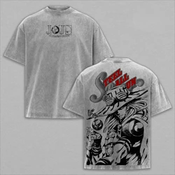 Vintage Washed JoJo's Bizarre Adventure Anime Oversized Men's T - Shirt - Pure Cotton Short Sleeve Tops - XXL (Gray)