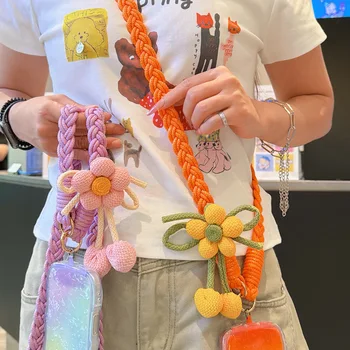 Laccetto per cellulare trendy e alla moda: da indossare a tracolla o come accessorio per zaino, lungo, con motivo floreale, intrecciato a mano, robusto e resistente