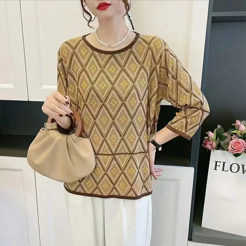 2023 Early Autumn New Women's Clothing Thin Knit Bottom Shirt Fashion Round Neck Printing Loose-fitting Long Sleeve Sweatshirts