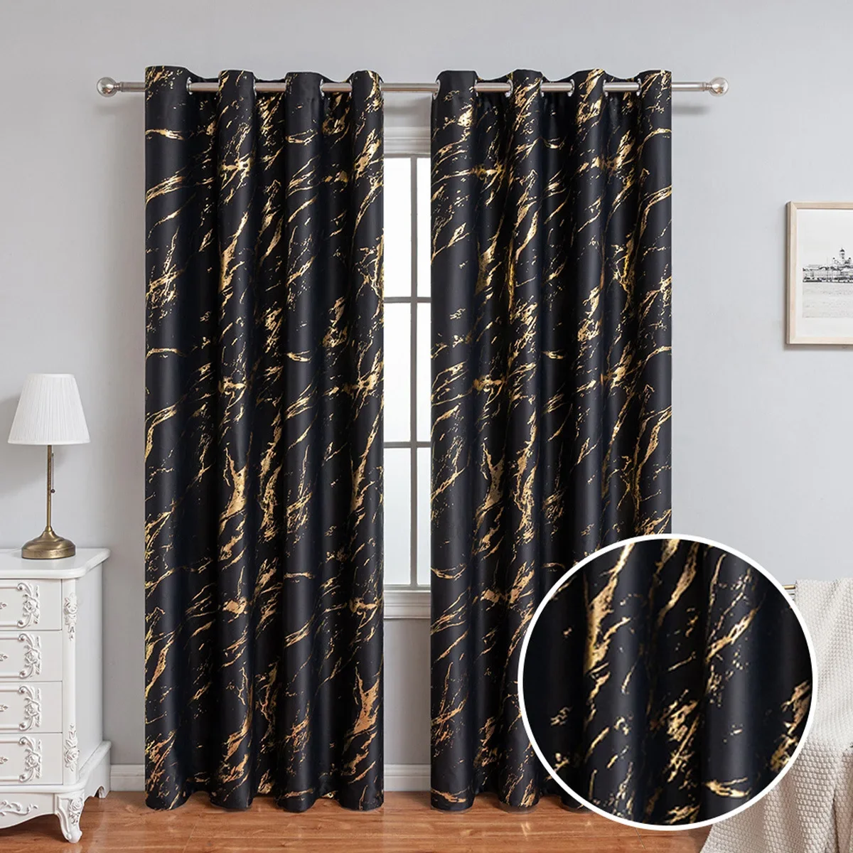 Luxury Marble Pattern Curtain 1 Panel with Gold Foil Design for Living Room