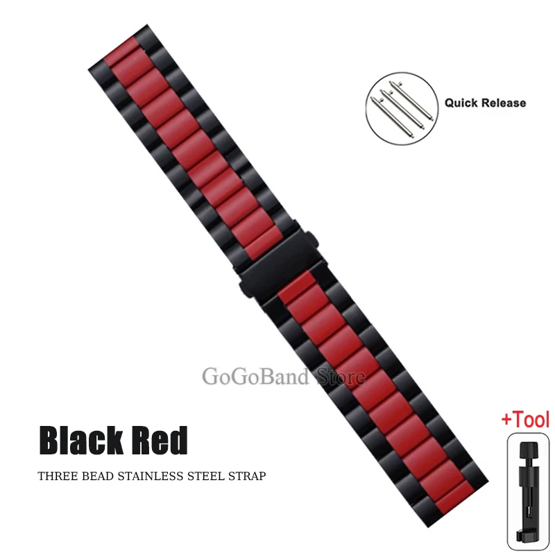 Premium Stainless Steel Watch Band, 20mm/22mm, Metal Strap, Silver/Black Finish