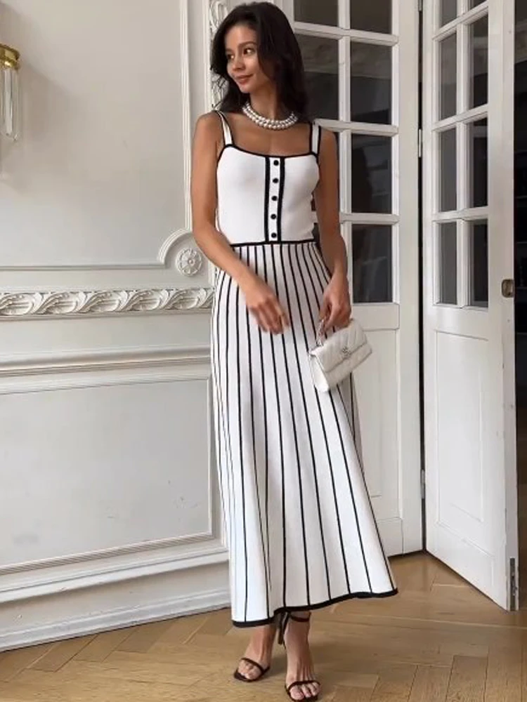 

Tossy Striped Knit Backless Maxi Dress Women Slim Contrast Strapless Fashion Elegant Party Dress 2024 Knitwear Female Long Dress