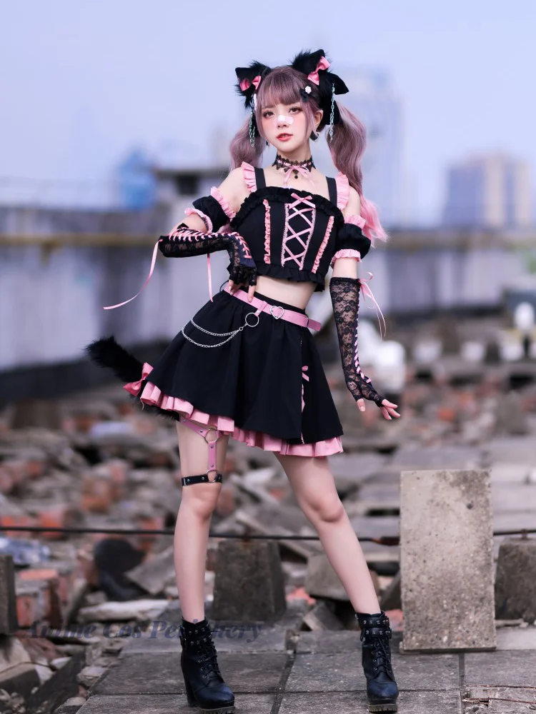 

Summer Japanese Harajuku Style Girls Black Pink High Waist Bow Stitching Skirts Sweet Lolita Mini Skirts Kawaii Hot Girl Suit Ta