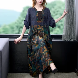 Women Black Floral Mulberry Silk Maxi Dress 2024 Korean Vintage Casual Dress Summer Elegant Loose Waist Size Dress