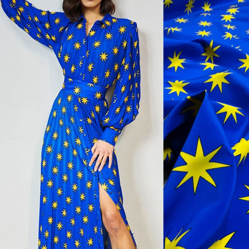 

140CM Wide 18MM 93% Silk 7% Spandex Stars Print Stretch Silk Crepe de Chine Fabric Blue Dress 1 Meter Long D1138