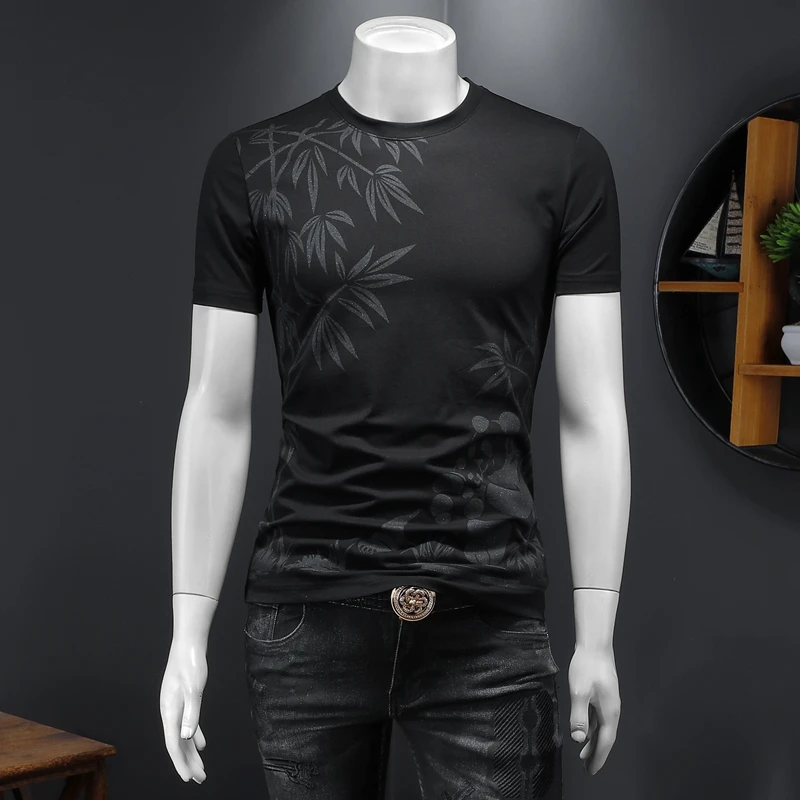

Summer T-Shirts For Men High Quality Korean Luxury Clothing Fashion Bamboo Print Slim Fit Short Sleeve Men's T Shirt Black/White