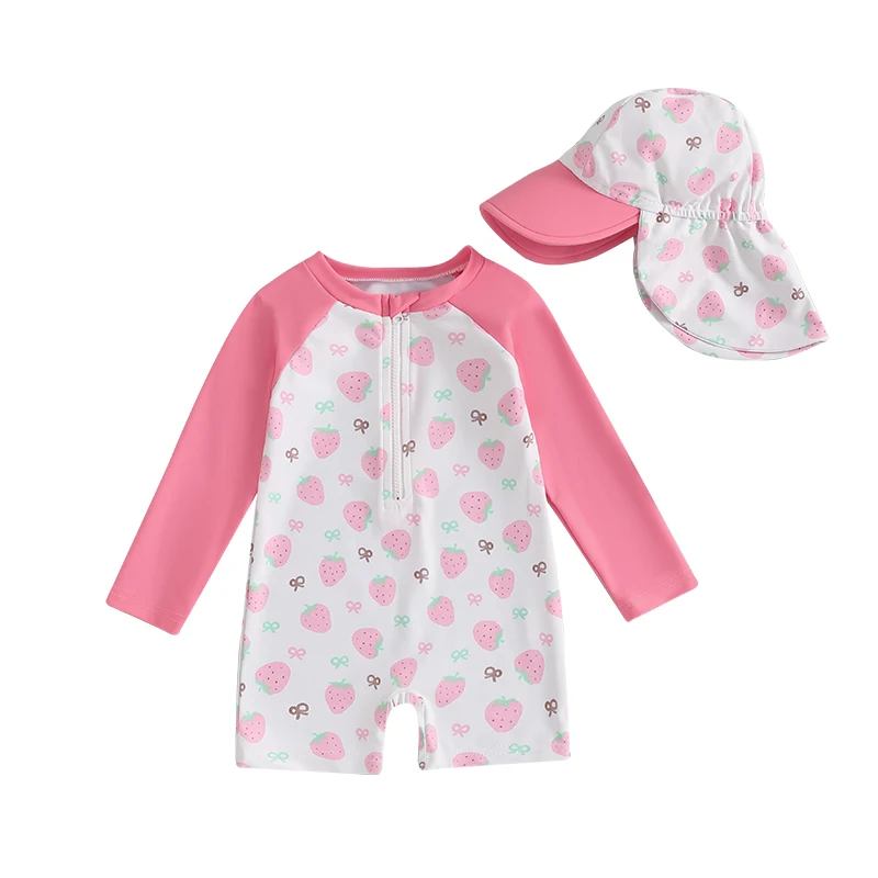 Children Toddler Girl Long Sleeve Swimsuit Floral/Bow/Strawberry Print Half Zipper Non-Pilling Rash Guard Swimwear Sunhat Set