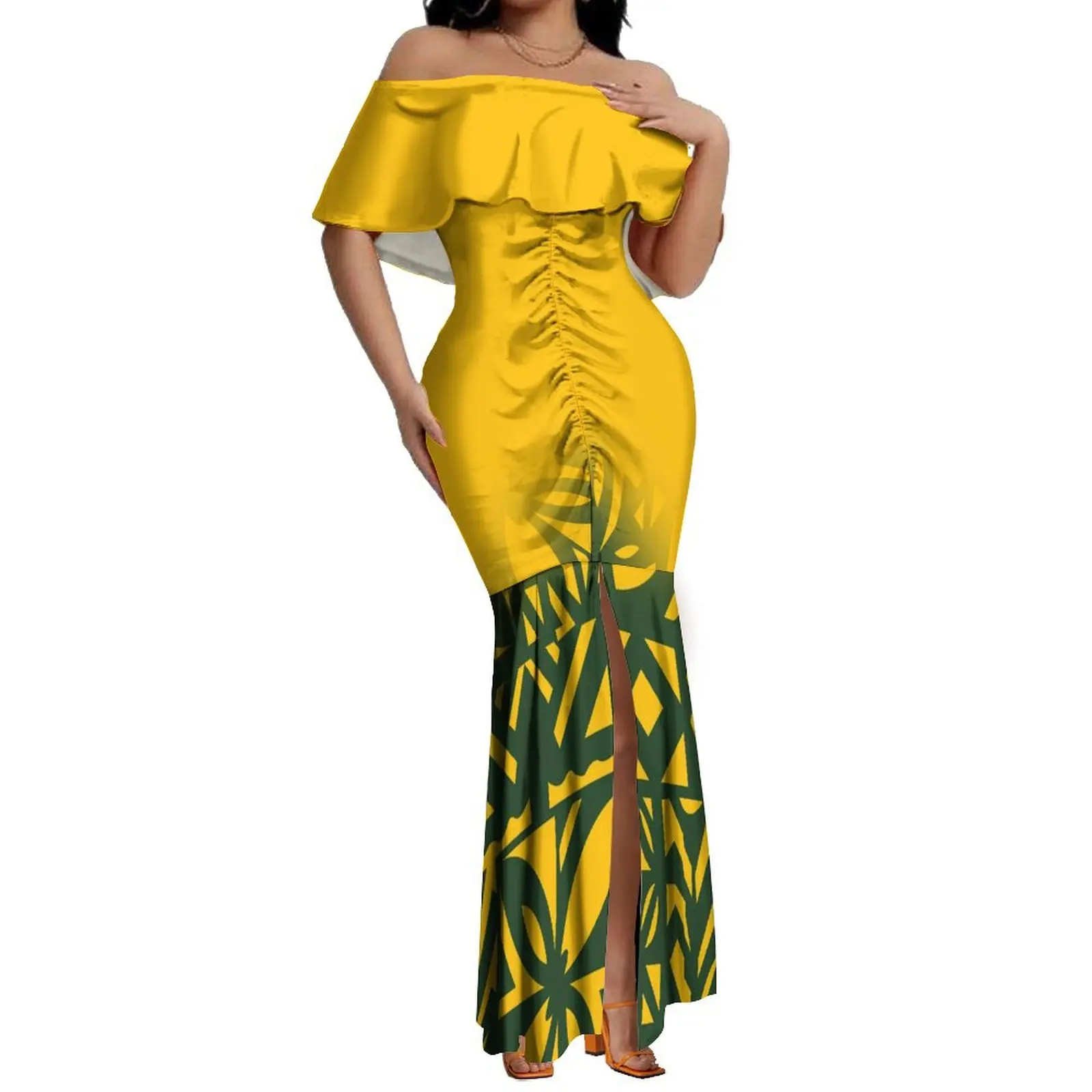 2024 New Hawaiian Gradient Polynesian Island Couple Set Women'S Off-The-Shoulder Dress Party Fishtail Skirt With Men'S Shirt