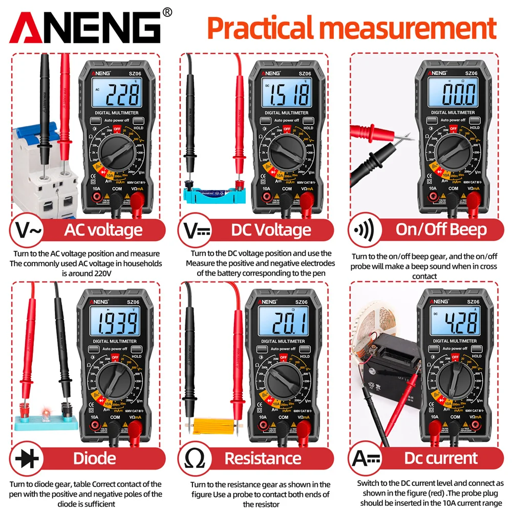 Digital Multimeter ANENG SZ06 Digital Multimeter Voltage Resistance Meter AC/DC Ammeter 600V Voltmeter LCD Backlight Ohm Test