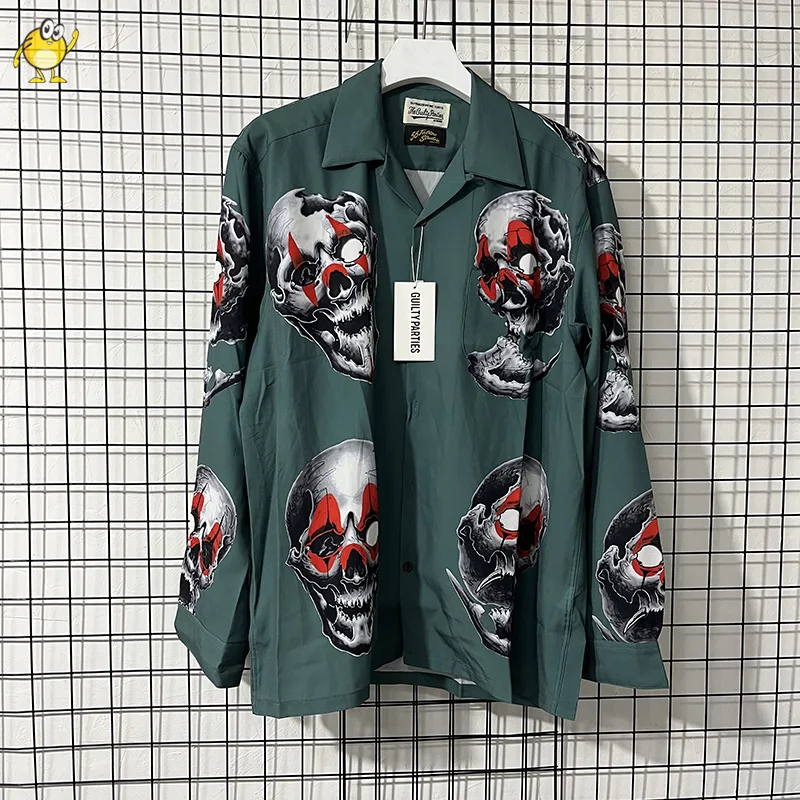 

Рубашка Мужская/Женская с длинным рукавом, свободная футболка с лацканами, с изображением татуированного черепа-волана Марии, Гавайского зеленого, темно-синего, фиолетового цветов, 1:1