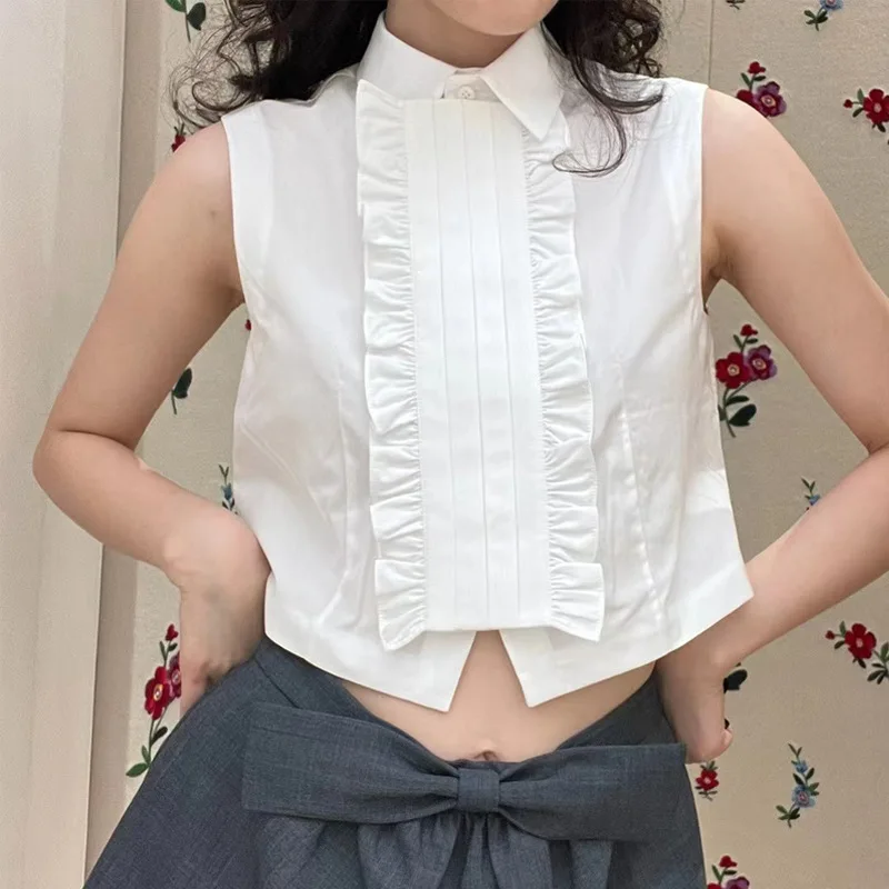 

2024 Spring Summer Layup Versatile Cotton Sleeveless Lapel Collar White Blue Blouses Ruffles Fashion Korean Short Slim Shirts