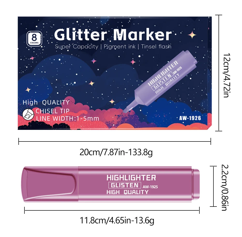 8-Farben-Metallic-Textmarker, fluoreszierender Stift mit hoher Kapazität zum Malen, Notizen, Büromaterial, Kunst, Schulbedarf. – Detail 10
