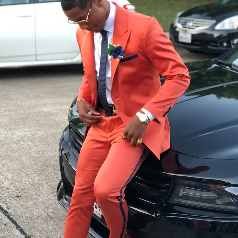 Coral Prom Men Suits for Wedding with Peaked Lapel Slim fit Groom Tuxedo Custom Man Fashion Costume Set Jacket with Pant