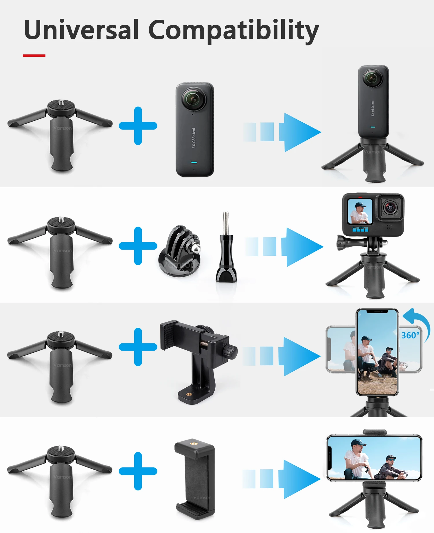 Description Picture 3 of itemVamson Handheld Portable Mini Tripod Phone Stabilizer Holder Stand for Gopro 11 10 9 Insta360 X3 DJI Action Camera Tik Tok Vlog