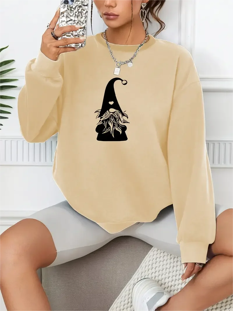 Halloween Print Pullover Casual Loose Fashion Long-Sleeved Sweatshirt Solid Color Women's Clothing