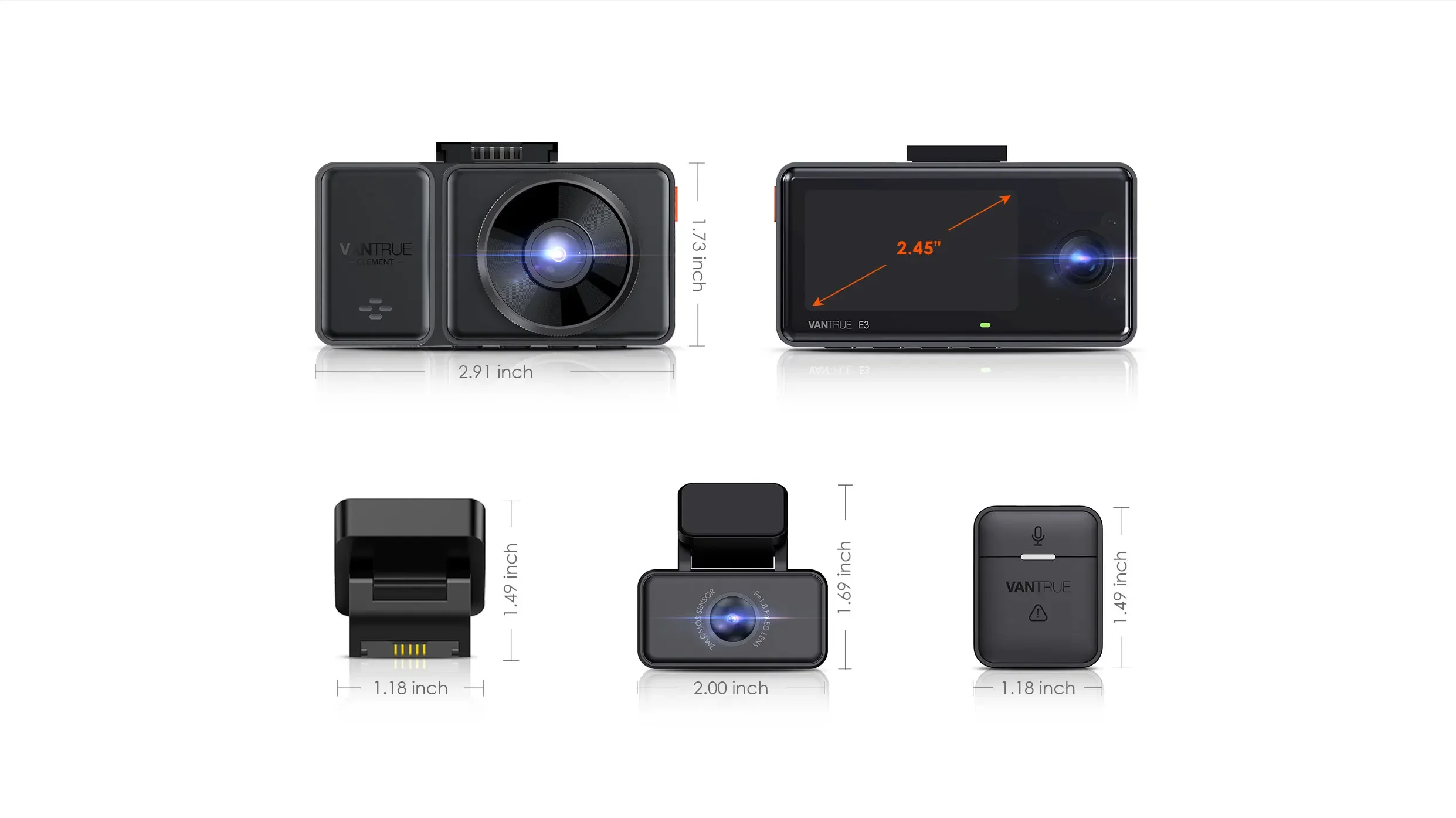 Vantrue E3 3 チャンネル ダッシュカム 2.5K フロントとリア内蔵