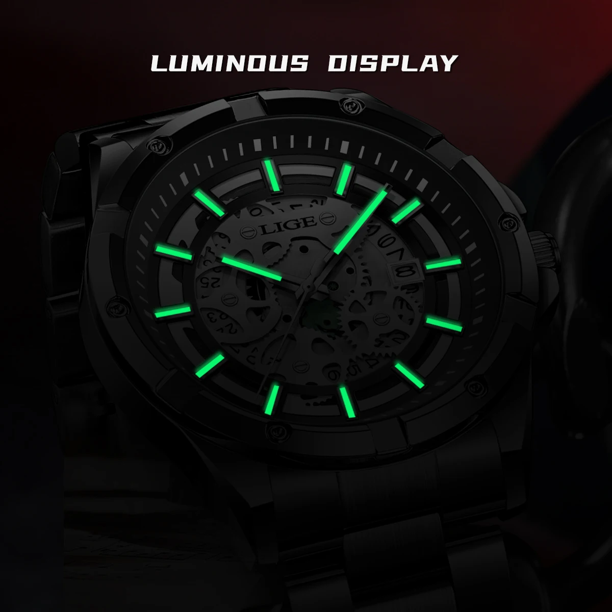 LIGE Luxury Steampunk Skeleton Dial Men's Automatic Mechanical Watch